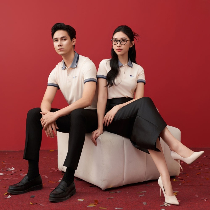 Áo Thun Đồng Phục Màu Be Phối Cổ Dệt
